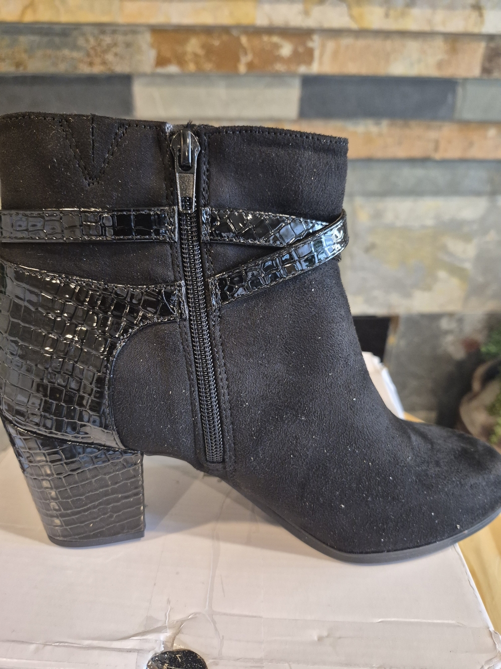 East 5th Black Suede Ankle Booties with Patent Buckle - Picture 6 of 7
